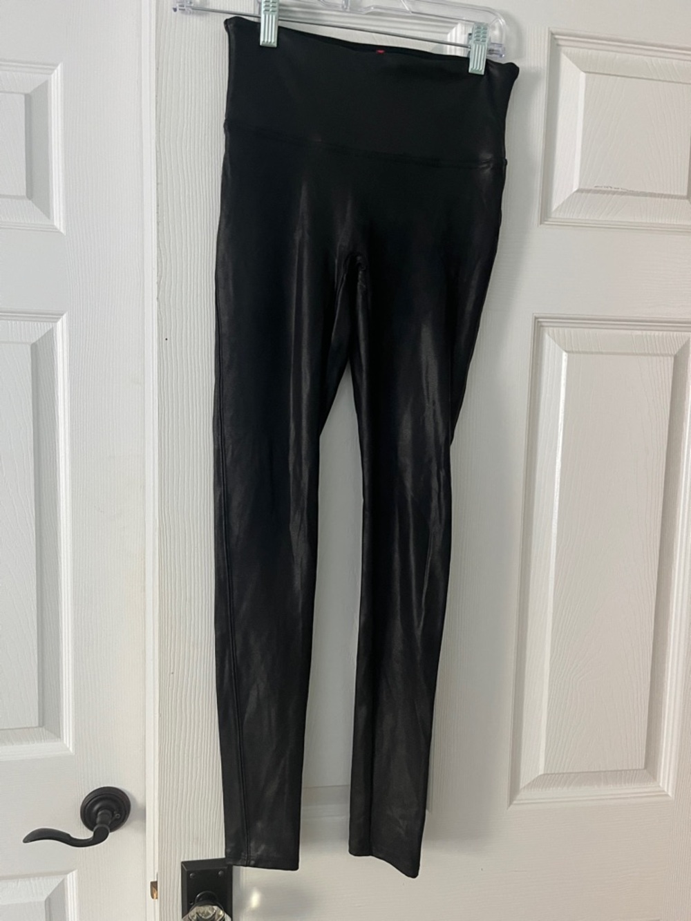SPANX Faux Leather Black Leggings with Red Brand Tag